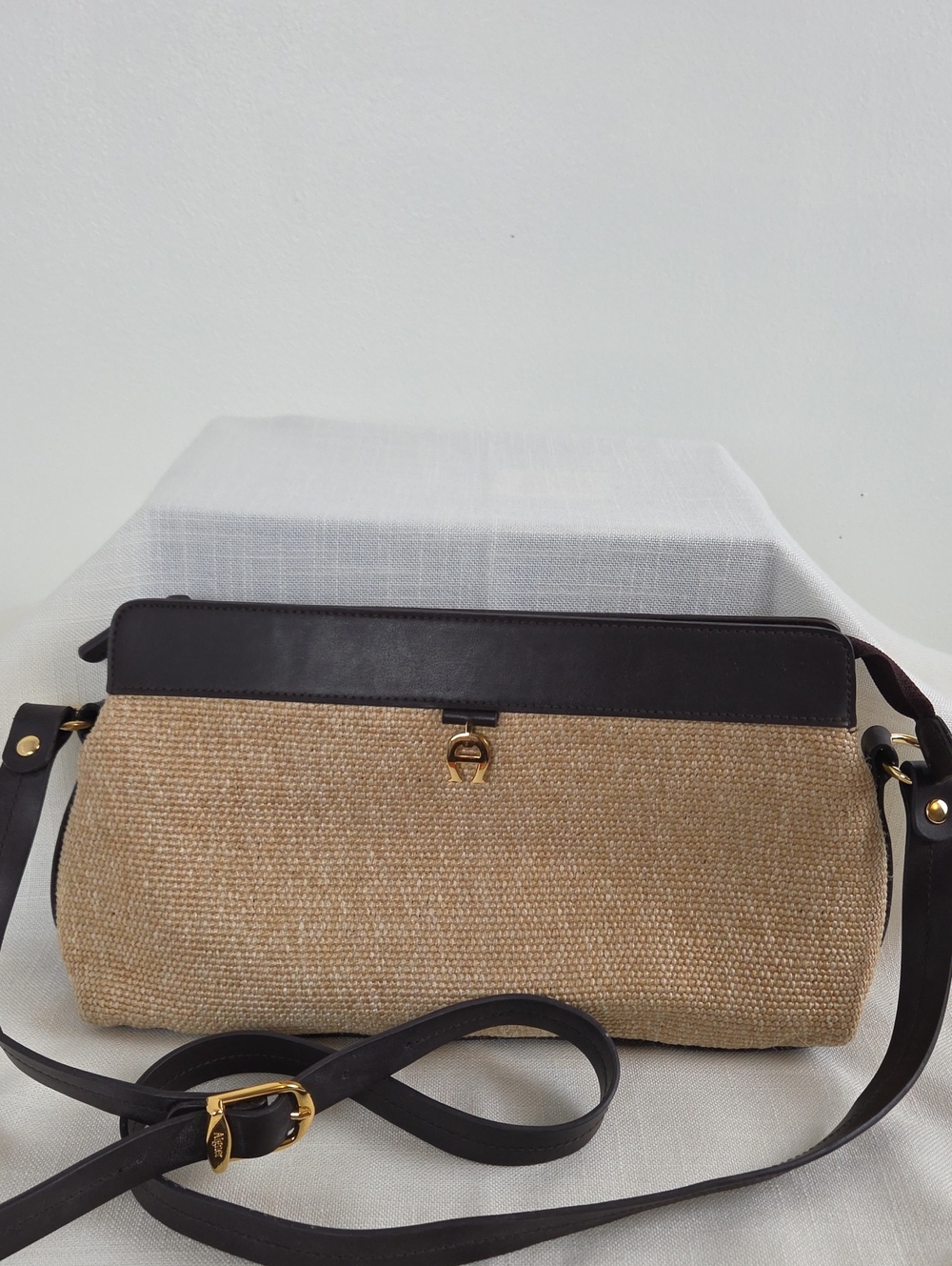 Vintage Classic Etienne Aigner Brown Leather & Woven Straw Crossbody Bag